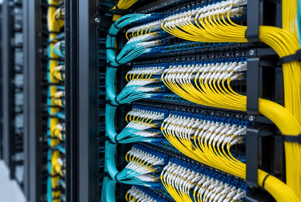 A fibre patch panel with yellow and aqua leads routed into its ports