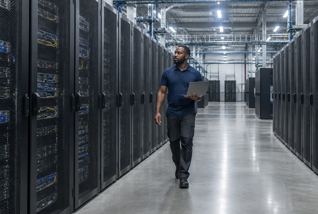 An engineer walking between rows of caged server racks in a colocation hall