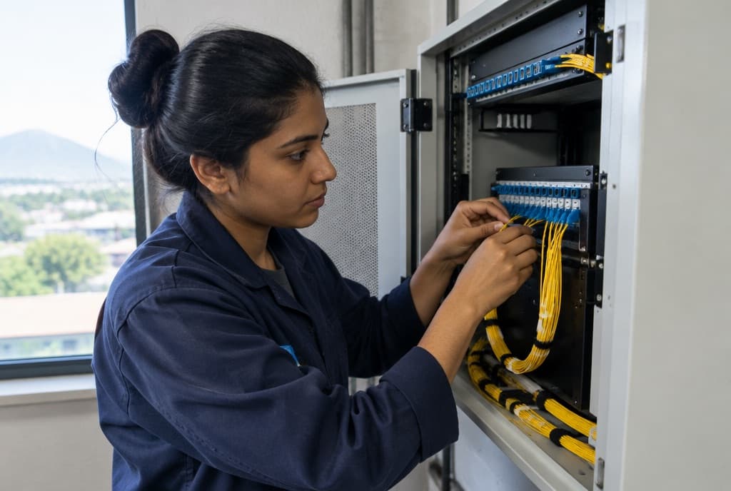 An engineer terminating fibre patch cables in a wall cabinet