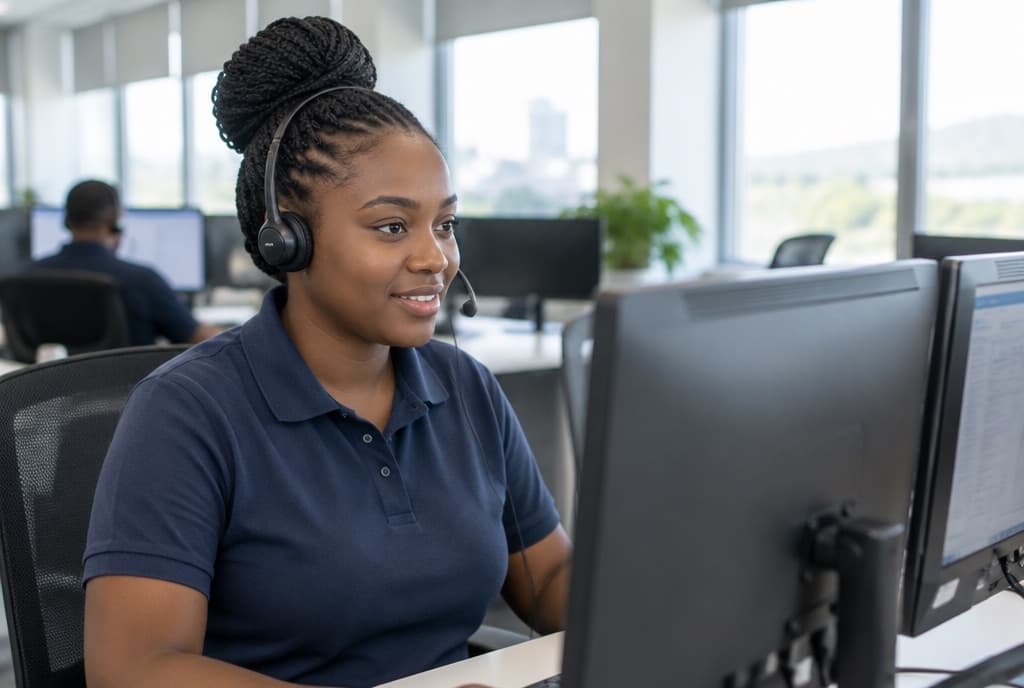 A helpdesk agent wearing a headset at a two-screen desk