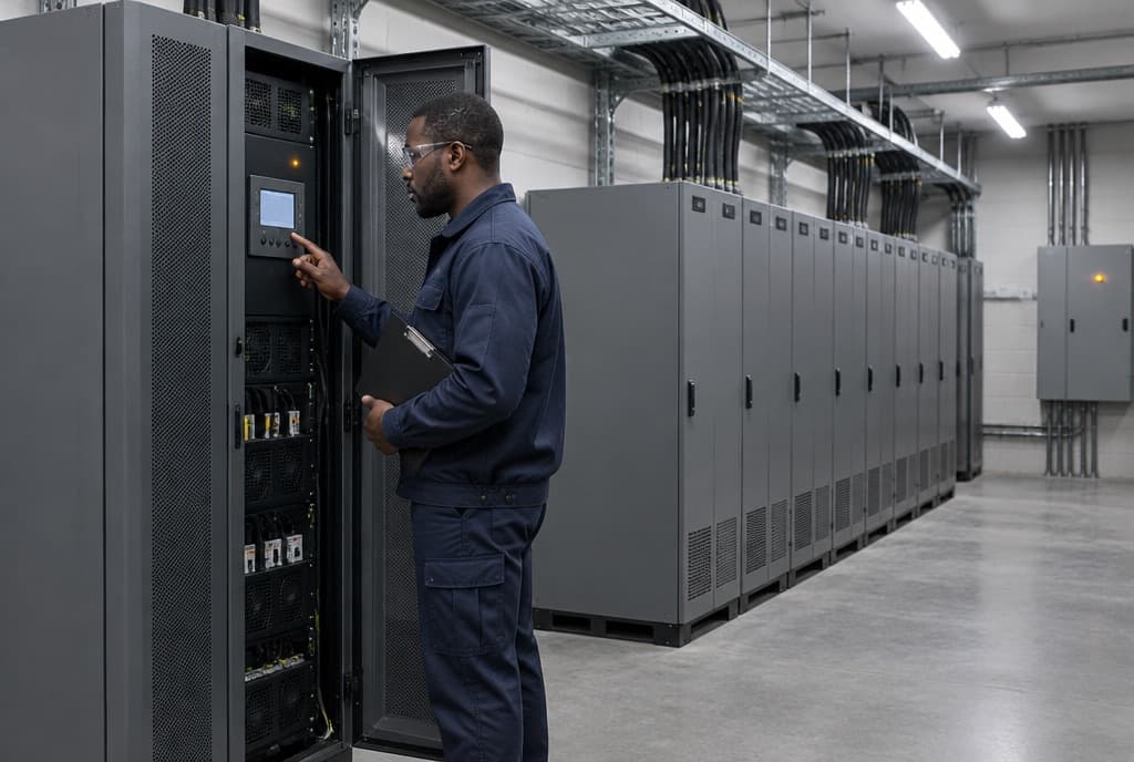 A technician checking the control panel of a floor-standing UPS beside a row of battery cabinets