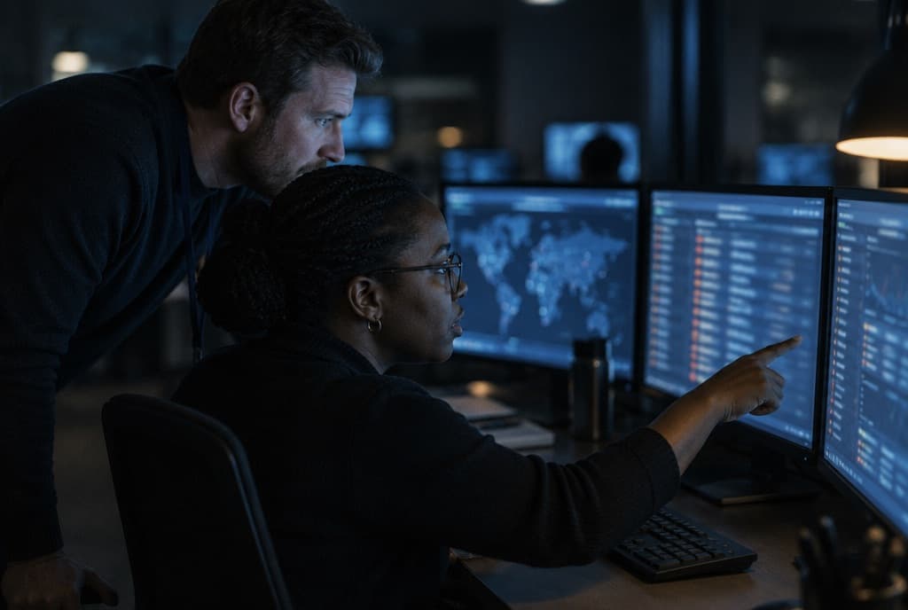 Two analysts reviewing an alert queue on screen in a dim operations room