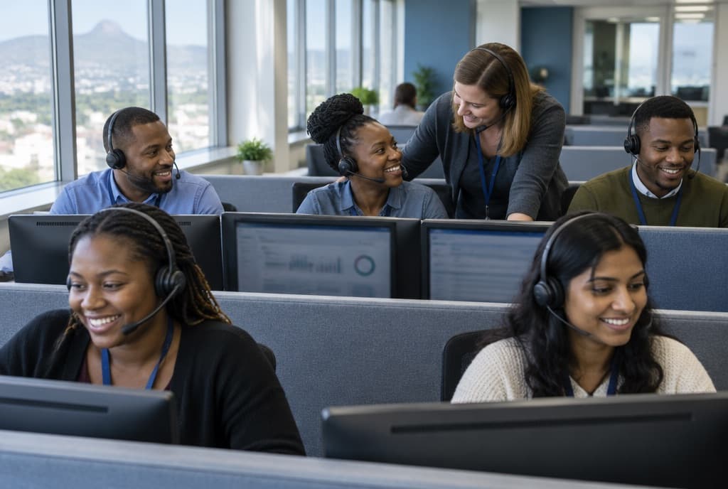 Agents wearing headsets at desks on a call centre floor, one leaning across to help a colleague