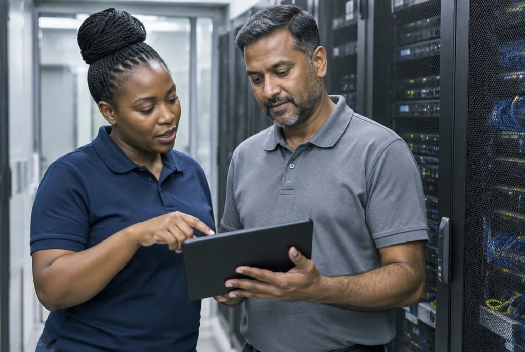 Two colleagues reviewing a tablet together in a server room