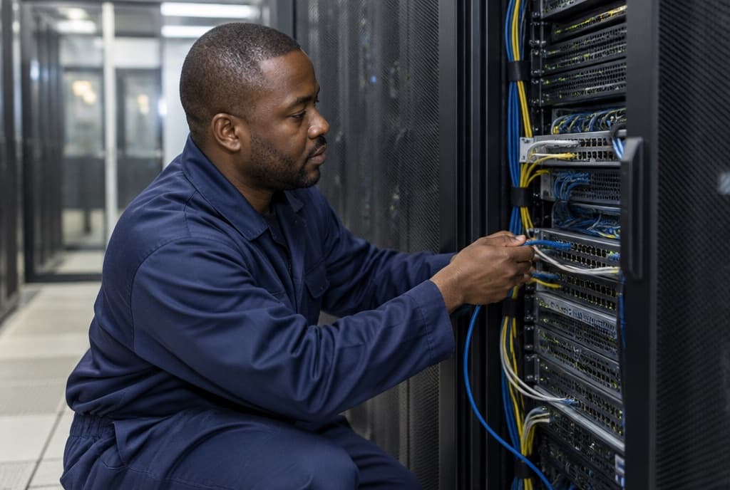 A technician working at an open server rack in a data centre