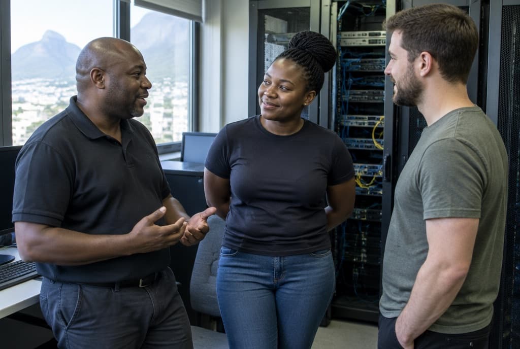 Three colleagues talking beside a comms cabinet